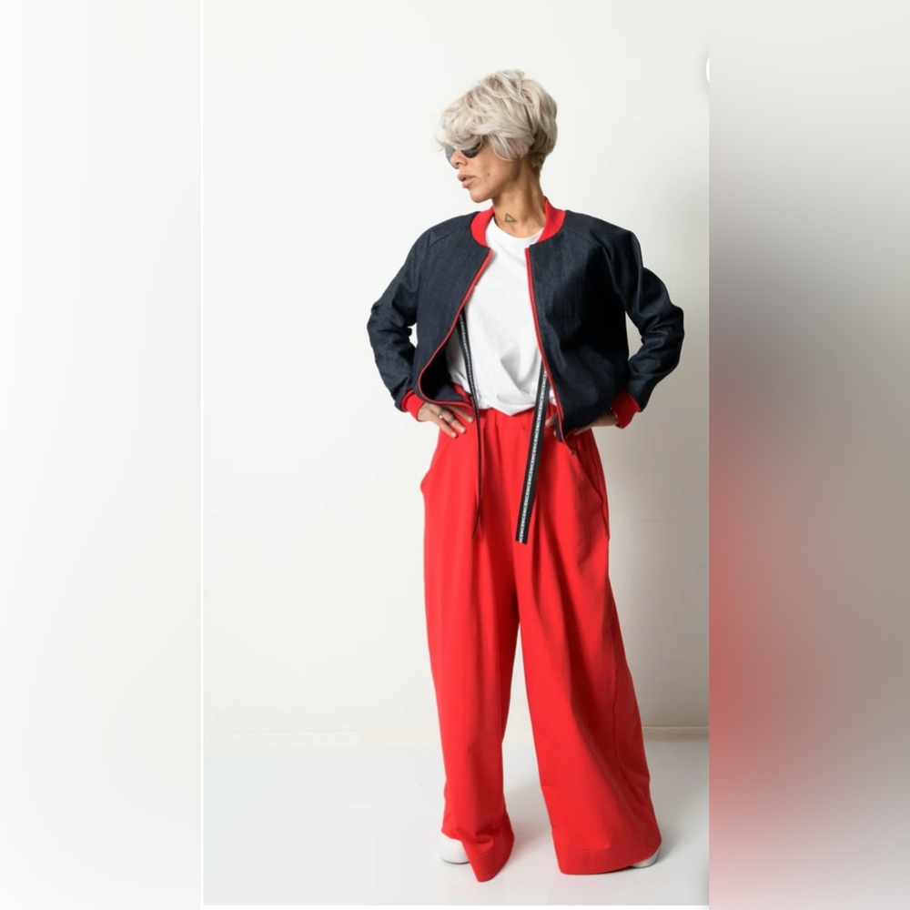 RED WIDE LEG HIGH WAIST Pants & Denim Bomber Jacket with Red Cuffs